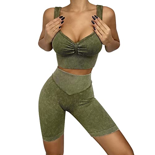 IMEKIS Damen 2-teiliges Gym Set Geraffter Sport-BH mit High Rise Biker-Shorts Trainingsanzug Leggings Workout-Outfit Nahtlos Yoga Anzug Gerippt Sportbekleidung Fitness Activewear Armeegrün M von IMEKIS