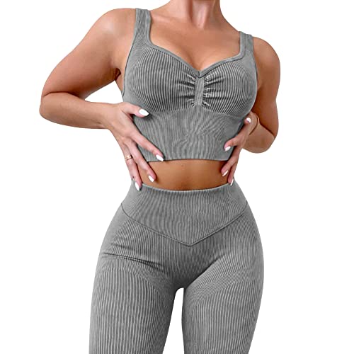 IMEKIS Damen 2-teiliges Gym Set Geraffter Sport-BH mit High Rise Biker-Shorts Trainingsanzug Leggings Workout-Outfit Nahtlos Yoga Anzug Gerippt Sportbekleidung Fitness Activewear Grau M von IMEKIS