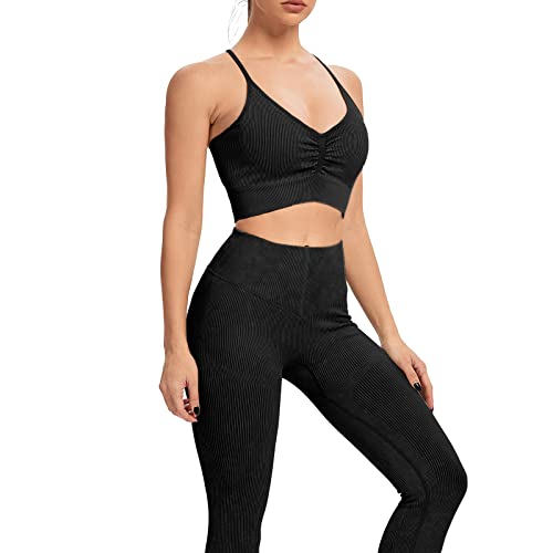 IMEKIS Damen 2-teiliges Gym Set Geraffter Sport-BH mit High Rise Biker-Shorts Trainingsanzug Leggings Workout-Outfit Nahtlos Yoga Anzug Gerippt Sportbekleidung Fitness Activewear Schwarz XL von IMEKIS