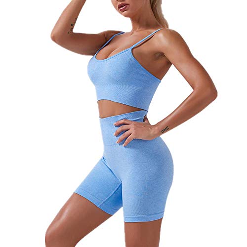 IMEKIS Damen 2 tlg Fitness-Set Sport-BH Crop Top mit Nahtloser Hoher Taille Shorts Hosen Yoga-Kleidung Sommer Workout Outfit Lauftrainingsanzug Fitness Activewear Blau S von IMEKIS