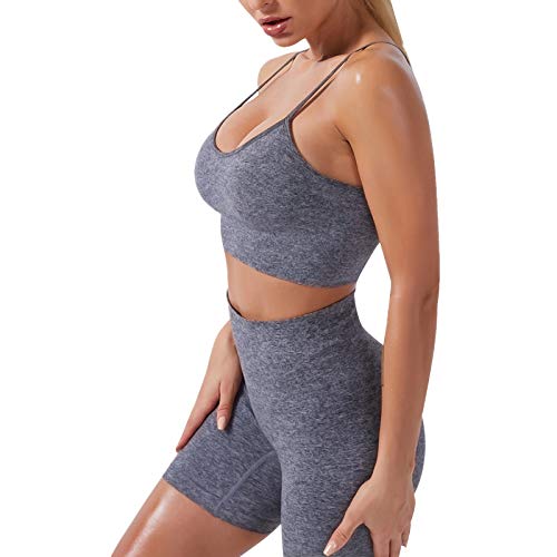 IMEKIS Damen 2 tlg Fitness-Set Sport-BH Crop Top mit Nahtloser Hoher Taille Shorts Hosen Yoga-Kleidung Sommer Workout Outfit Lauftrainingsanzug Fitness Activewear Grau M von IMEKIS