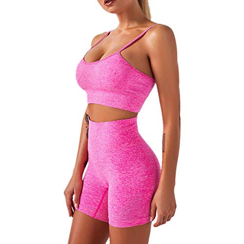 IMEKIS Damen 2 tlg Fitness-Set Sport-BH Crop Top mit Nahtloser Hoher Taille Shorts Hosen Yoga-Kleidung Sommer Workout Outfit Lauftrainingsanzug Fitness Activewear Rose L von IMEKIS