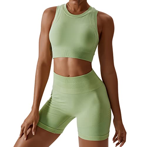 IMEKIS Damen 2tlg Nahtlose Yoga Outfits Racerback Sport BH und High Taille Kompression Hosen Shorts Jogging Gym Set Workout Fitness Kleidung Sommer Trainingsanzug Gr?n+Shorts S von IMEKIS