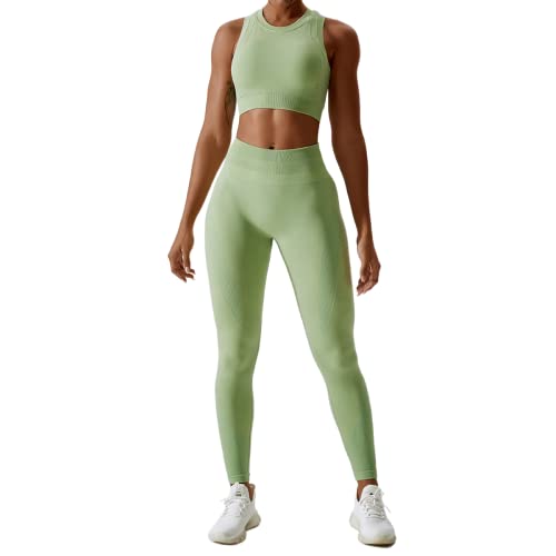 IMEKIS Damen 2tlg Nahtlose Yoga Outfits Racerback Sport BH und High Taille Kompression Hosen Shorts Jogging Gym Set Workout Fitness Kleidung Sommer Trainingsanzug Grün S von IMEKIS