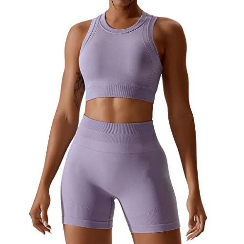 IMEKIS Damen 2tlg Nahtlose Yoga Outfits Racerback Sport BH und High Taille Kompression Hosen Shorts Jogging Gym Set Workout Fitness Kleidung Sommer Trainingsanzug Lila+Shorts M von IMEKIS