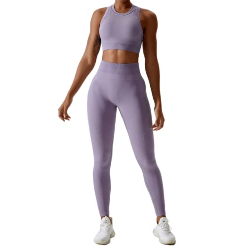 IMEKIS Damen 2tlg Nahtlose Yoga Outfits Racerback Sport BH und High Taille Kompression Hosen Shorts Jogging Gym Set Workout Fitness Kleidung Sommer Trainingsanzug Lila M von IMEKIS