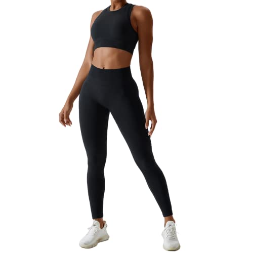 IMEKIS Damen 2tlg Nahtlose Yoga Outfits Racerback Sport BH und High Taille Kompression Hosen Shorts Jogging Gym Set Workout Fitness Kleidung Sommer Trainingsanzug Schwarz S von IMEKIS