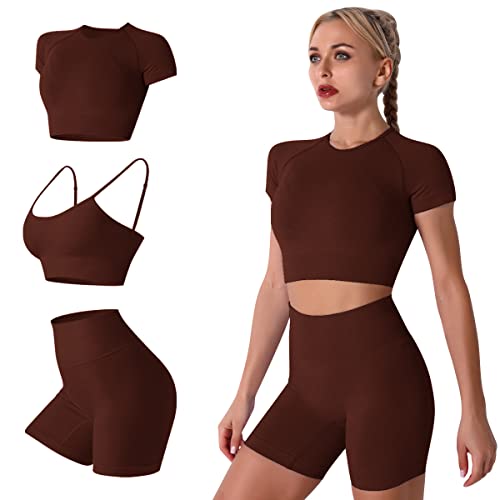 IMEKIS Damen 3 tlg Fitness Set Nahtlose Gym Yoga Kleidung Workout Sport Outfit Sport-BH mit Crop-Top und Shorts Frauen Slim Fit Sommer Biker Activewear Laufanzug Sportanzug Kaffee L von IMEKIS