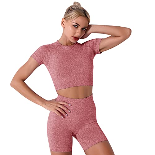 IMEKIS Damen 3 tlg Fitness Set Sport-BH mit Crop-Top und Shorts Nahtlose Yoga Kleidung Fitness Workout Outfit Frauen Slim Fit Sommer Biker Activewear Laufanzug Altrosa L von IMEKIS