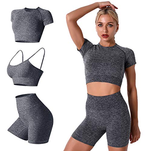 IMEKIS Damen 3 tlg Fitness Set Sport-BH mit Crop-Top und Shorts Nahtlose Yoga Kleidung Fitness Workout Outfit Frauen Slim Fit Sommer Biker Activewear Laufanzug Grau S von IMEKIS