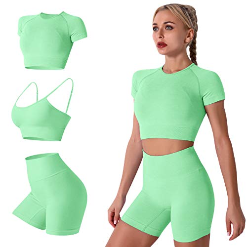 IMEKIS Damen 3 tlg Fitness Set Sport-BH mit Crop-Top und Shorts Nahtlose Yoga Kleidung Fitness Workout Outfit Frauen Slim Fit Sommer Biker Activewear Laufanzug Grün L von IMEKIS