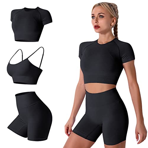 IMEKIS Damen 3 tlg Fitness Set Sport-BH mit Crop-Top und Shorts Nahtlose Yoga Kleidung Fitness Workout Outfit Frauen Slim Fit Sommer Biker Activewear Laufanzug Schwarz M von IMEKIS