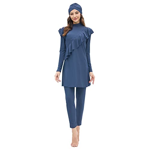 IMEKIS Damen 3tlg Modest Bademode Muslimischen Badeanzug Islamischen Burkini Schwimmanzug Langarm Tankini mit Hijab voller Abdeckung Rashguard Sets Badebekleidung Blauer See XL von IMEKIS