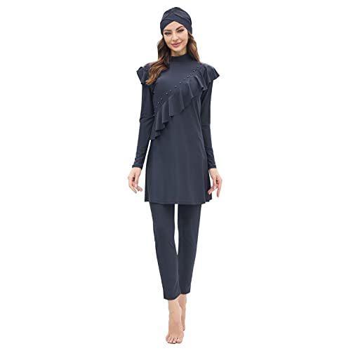 IMEKIS Damen 3tlg Modest Bademode Muslimischen Badeanzug Islamischen Burkini Schwimmanzug Langarm Tankini mit Hijab voller Abdeckung Rashguard Sets Badebekleidung Dunkelgrau L von IMEKIS