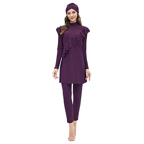 IMEKIS Damen 3tlg Modest Bademode Muslimischen Badeanzug Islamischen Burkini Schwimmanzug Langarm Tankini mit Hijab voller Abdeckung Rashguard Sets Badebekleidung Dunkelviolett L von IMEKIS