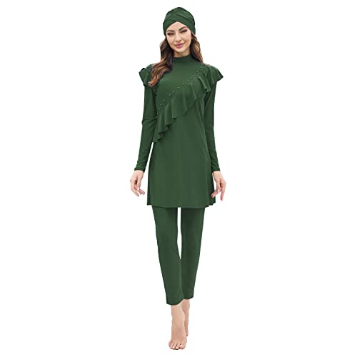 IMEKIS Damen 3tlg Modest Bademode Muslimischen Badeanzug Islamischen Burkini Schwimmanzug Langarm Tankini mit Hijab voller Abdeckung Rashguard Sets Badebekleidung Grün-Rüsche L von IMEKIS