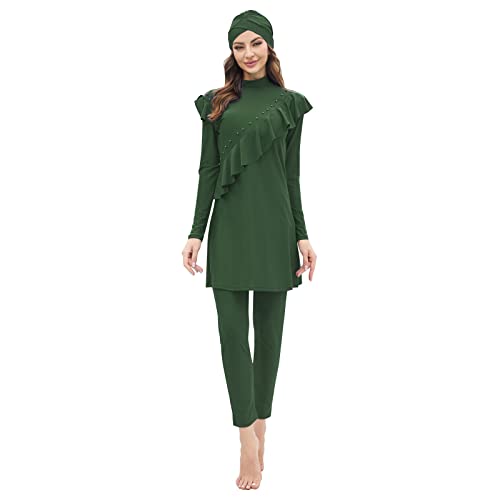 IMEKIS Damen 3tlg Modest Bademode Muslimischen Badeanzug Islamischen Burkini Schwimmanzug Langarm Tankini mit Hijab voller Abdeckung Rashguard Sets Badebekleidung Grün-Rüsche M von IMEKIS