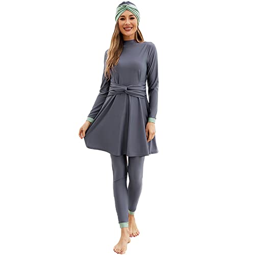 IMEKIS Damen 3tlg Modest Bademode Muslimischen Badebekleidung Islamischen Arabischen Badeanzug Langarm Tankini mit Hijab voller Abdeckung Burkini Schwimmanzug Grau L von IMEKIS