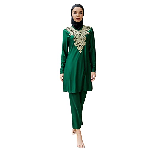 IMEKIS Damen 3tlg Modest Bademode Muslimischen Badebekleidung Islamischen Arabischen Badeanzug Langarm Tankini mit Hijab voller Abdeckung Burkini Schwimmanzug Grün XL von IMEKIS