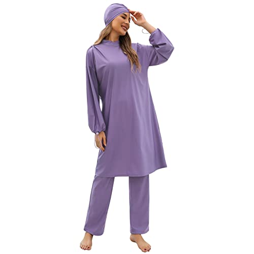 IMEKIS Damen 3tlg Modest Bademode Muslimischen Badebekleidung Islamischen Arabischen Badeanzug Langarm Tankini mit Hijab voller Abdeckung Burkini Schwimmanzug Lila S von IMEKIS
