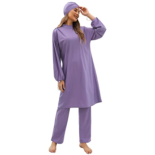 IMEKIS Damen 3tlg Modest Bademode Muslimischen Badebekleidung Islamischen Arabischen Badeanzug Langarm Tankini mit Hijab voller Abdeckung Burkini Schwimmanzug Lila XL von IMEKIS