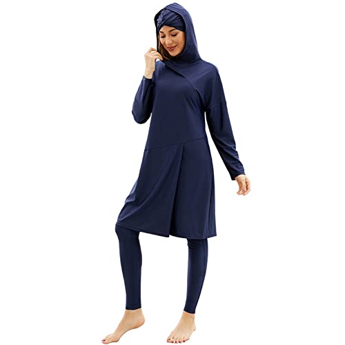 IMEKIS Damen 3tlg Modest Bademode Muslimischen Badebekleidung Islamischen Arabischen Badeanzug Langarm Tankini mit Hijab voller Abdeckung Burkini Schwimmanzug Marineblau S von IMEKIS