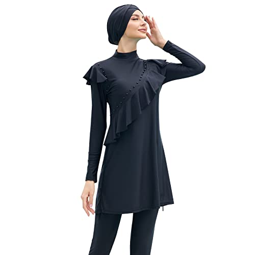 IMEKIS Damen 3tlg Modest Bademode Muslimischen Badebekleidung Islamischen Arabischen Badeanzug Langarm Tankini mit Hijab voller Abdeckung Burkini Schwimmanzug Schwarz L von IMEKIS