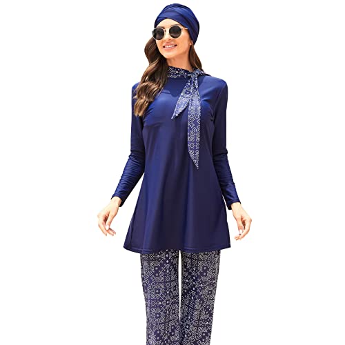 IMEKIS Damen 3tlg Muslimische Badeanzug Bescheidene Bademode Burkini Islamischer Schwimmanzug Ganzkörper Badeanzüge Langarm Schwimmoberteil mit Badehose Hijab Tankini Set Marineblau XL von IMEKIS