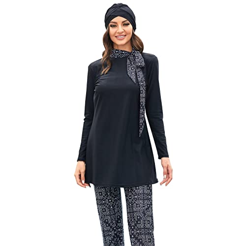 IMEKIS Damen 3tlg Muslimische Badeanzug Bescheidene Bademode Burkini Islamischer Schwimmanzug Ganzkörper Badeanzüge Langarm Schwimmoberteil mit Badehose Hijab Tankini Set Schwarz M von IMEKIS