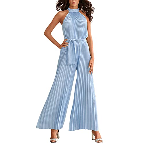 IMEKIS Damen Ärmelloser Neckholder Jumpsuit Einfarbig High Waist Overall Playsuit Einteiler Strampler Hosenanzug Weites Bein Plisseehose mit Gürtel Hellblau M von IMEKIS