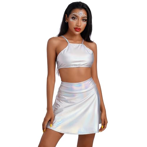 IMEKIS Damen Alien Kost?m Rave Outfit Karneval Gl?nzendes Metallisch Crop Top mit Minirock 2tlg Disco Tanz Clubwear Halloween Facshing Mottoparty Outfit Bunt Silber-?rmellos M von IMEKIS