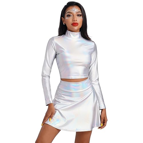 IMEKIS Damen Alien Kost?m Rave Outfit Karneval Gl?nzendes Metallisch Crop Top mit Minirock 2tlg Disco Tanz Clubwear Halloween Facshing Mottoparty Outfit Laser Silber-Langarm L von IMEKIS