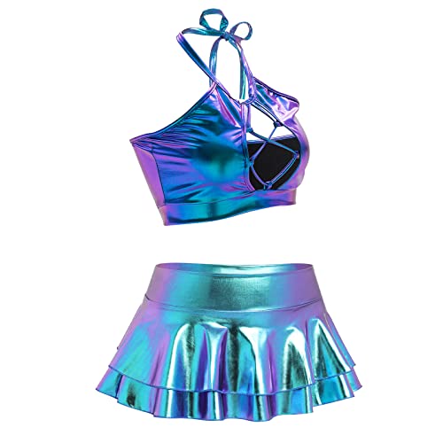 IMEKIS Damen Alien Kostüm Rave Outfit Karneval Glänzendes Metallisch Crop Top mit Minirock 2tlg Disco Tanz Clubwear Halloween Facshing Mottoparty Outfit Laserblau-Cutout L von IMEKIS