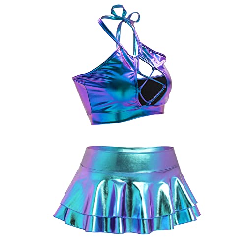 IMEKIS Damen Alien Kostüm Rave Outfit Karneval Glänzendes Metallisch Crop Top mit Minirock 2tlg Disco Tanz Clubwear Halloween Facshing Mottoparty Outfit Laserblau-Cutout S von IMEKIS