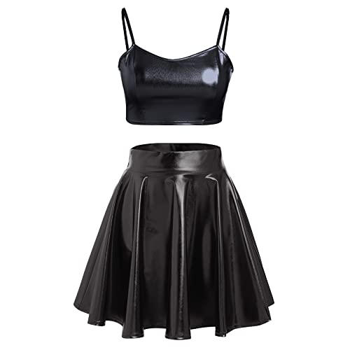 IMEKIS Damen Alien Kostüm Rave Outfit Karneval Glänzendes Metallisch Crop Top mit Minirock 2tlg Disco Tanz Clubwear Halloween Facshing Mottoparty Outfit Schwarz-ärmellos S von IMEKIS