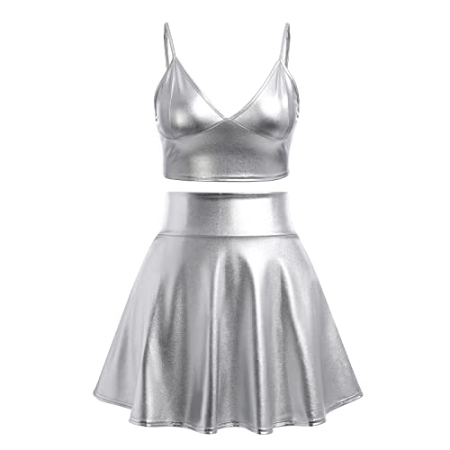 IMEKIS Damen Alien Kostüm Rave Outfit Karneval Glänzendes Metallisch Crop Top mit Minirock 2tlg Disco Tanz Clubwear Halloween Facshing Mottoparty Outfit Silber-ärmellos L von IMEKIS