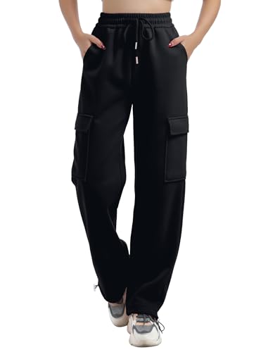 IMEKIS Damen Baggy Cargohose Y2K Hosen Hohe Taille Breites Bein Jogginghose mit Taschen Kordelzug Lange Freizeithose Herbst Winter Fleece Hosen Schwarz XL von IMEKIS