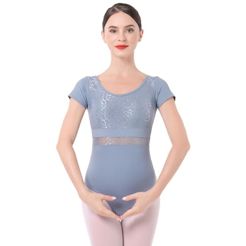 IMEKIS Damen Ballett Trikot Kurzarm Blumenspitze Ballettanzug Einfarbig Gymnastik Trikots mit Abnehmbaren BH Pads Einteilig Tanz Body Sportlich Rückenfrei Ballerina Tanzkleidung Kostüm Hellblau XXL von IMEKIS