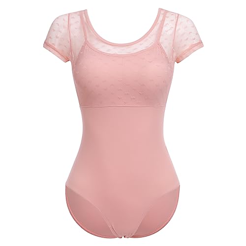 IMEKIS Damen Ballett Trikot Kurzarm Blumenspitze Ballettanzug Einfarbig Gymnastik Trikots mit Abnehmbaren BH Pads Einteilig Tanz Body Sportlich Rückenfrei Ballerina Tanzkleidung Kostüm Rosa S von IMEKIS