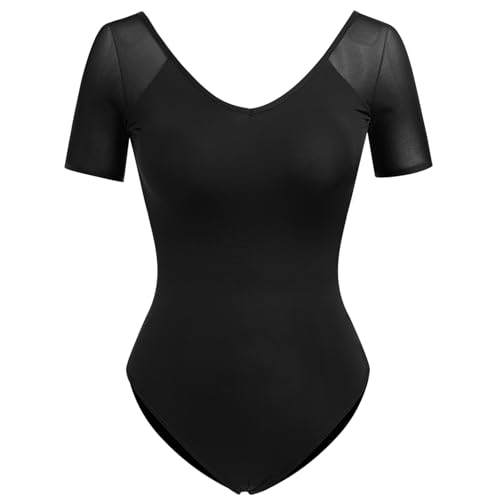 IMEKIS Damen Ballettanzug Kurzarm V-Ausschnitt Ballett Trikot R�ckenfrei Gymnastik Tanzbody Top mit Abnehmbaren BH-Polster Einfarbig Gymnastikanzug Tanzbekleidung Schwarz XL von IMEKIS