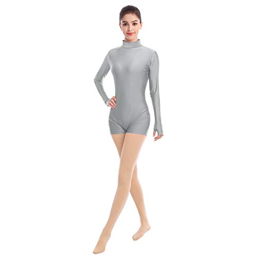 IMEKIS Damen Ballettanzug Langarm Spandex Bodysuit Rollkragen Ballett Tanzbody Leotard Einfarbig Einteiler Gymnastik Turnanzug Elastisch Trikot Bademode Sport Body Top Grau XS von IMEKIS