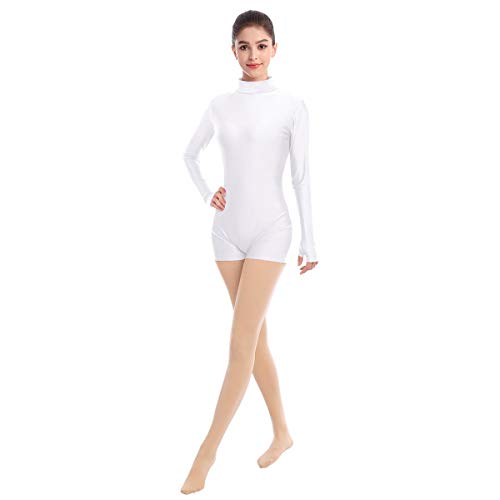 IMEKIS Damen Ballettanzug Langarm Spandex Bodysuit Rollkragen Ballett Tanzbody Leotard Einfarbig Einteiler Gymnastik Turnanzug Elastisch Trikot Bademode Sport Body Top Weiß L von IMEKIS