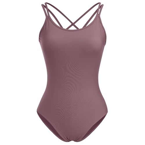 IMEKIS Damen Ballettanzug ?rmellos Ballett Tanztrikot Crisscross R?ckenfrei Gymnastik Tanzbekleidung Einteilig Tanz Bodysuit Top mit BH-Polster Altrosa M von IMEKIS