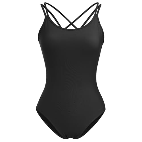 IMEKIS Damen Ballettanzug ?rmellos Ballett Tanztrikot Crisscross R?ckenfrei Gymnastik Tanzbekleidung Einteilig Tanz Bodysuit Top mit BH-Polster Schwarz M von IMEKIS