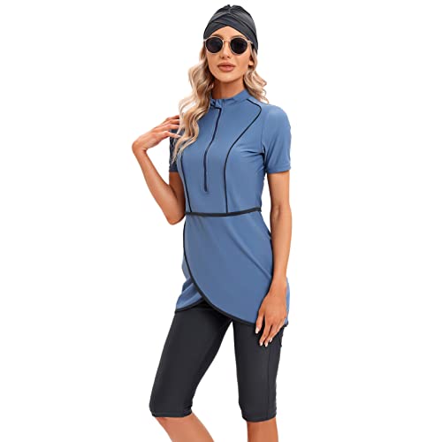 IMEKIS Damen Bescheidene Muslimische Bademode Islamische Burkini Badeanzug Kurzarm Reißverschluss Swim Top mit Kurz Hosen Hijab 3tlg Tankinis Sets Schwimmkostüm Blau 4XL von IMEKIS