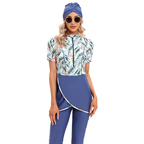 IMEKIS Damen Bescheidene Muslimische Bademode Islamische Burkini Badeanzug Kurzarm Reißverschluss Swim Top mit Kurz Hosen Hijab 3tlg Tankinis Sets Schwimmkostüm Blume M von IMEKIS