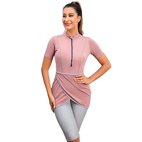 IMEKIS Damen Bescheidene Muslimische Bademode Islamische Burkini Badeanzug Kurzarm Reißverschluss Swim Top mit Kurz Hosen Hijab 3tlg Tankinis Sets Schwimmkostüm Rosa L von IMEKIS