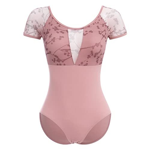 IMEKIS Damen Blume Ballettanzug Kurzarm Rückenfrei Tanzbody Ballett Trikot Top Gymnastikanzug Ballettkleidung Ballerina Tanzkleidung mit Abnehmbaren BH-Pad Hellrosa XXL von IMEKIS