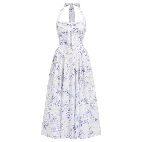 IMEKIS Damen Blumendruck Korsettkleid �rmellos Neckholder Tiefer Schnitt Bustier Maxikleid Boho Sommerkleid R�schen Strandkleid Urlaub Partykleid Dunkelblau S von IMEKIS