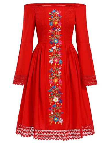 IMEKIS Damen Blumenstickerei Mexikanisches Kleid Langarm Schulterfrei Gesmoktes Minikleid Fancy Senorita Cinco De Mayo Halloween Kostüm Rot XXL von IMEKIS
